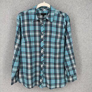 Talbots Womens Button Up Long Sleeve Shirt Blouse Size MP Blue Plaid Metallic